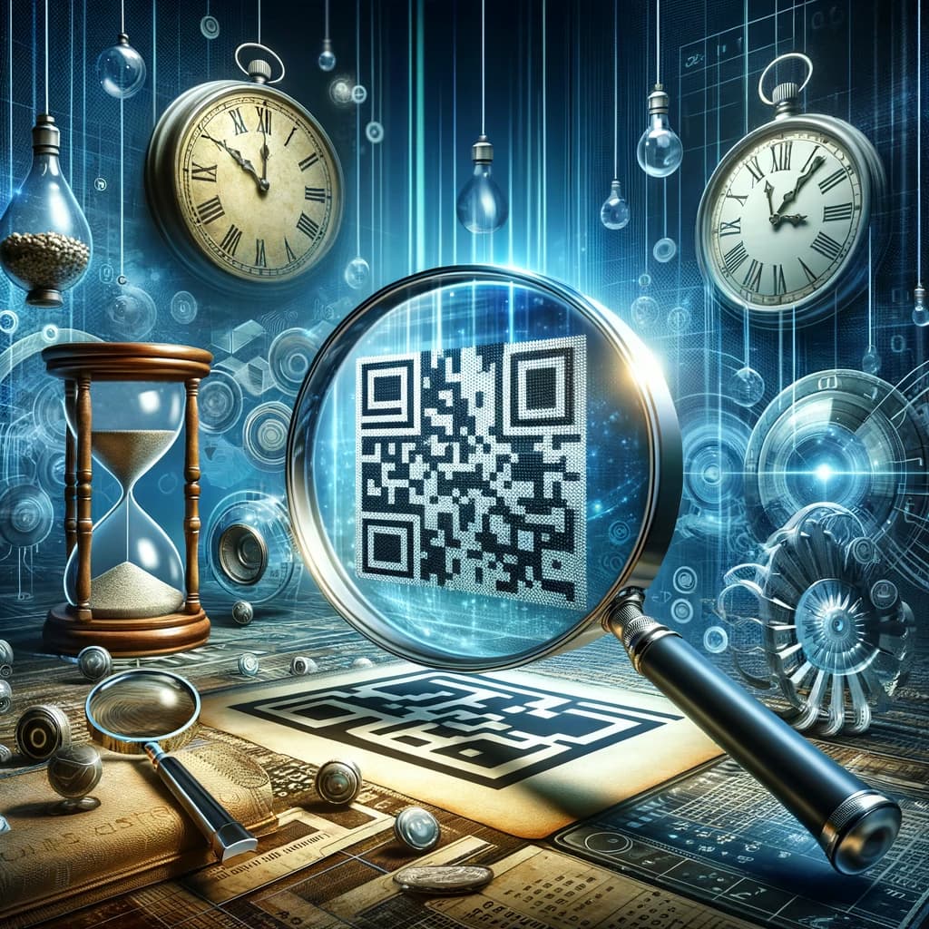 Investigative scene with a magnifying glass examining a QR code, surrounded by digital elements and time symbols.