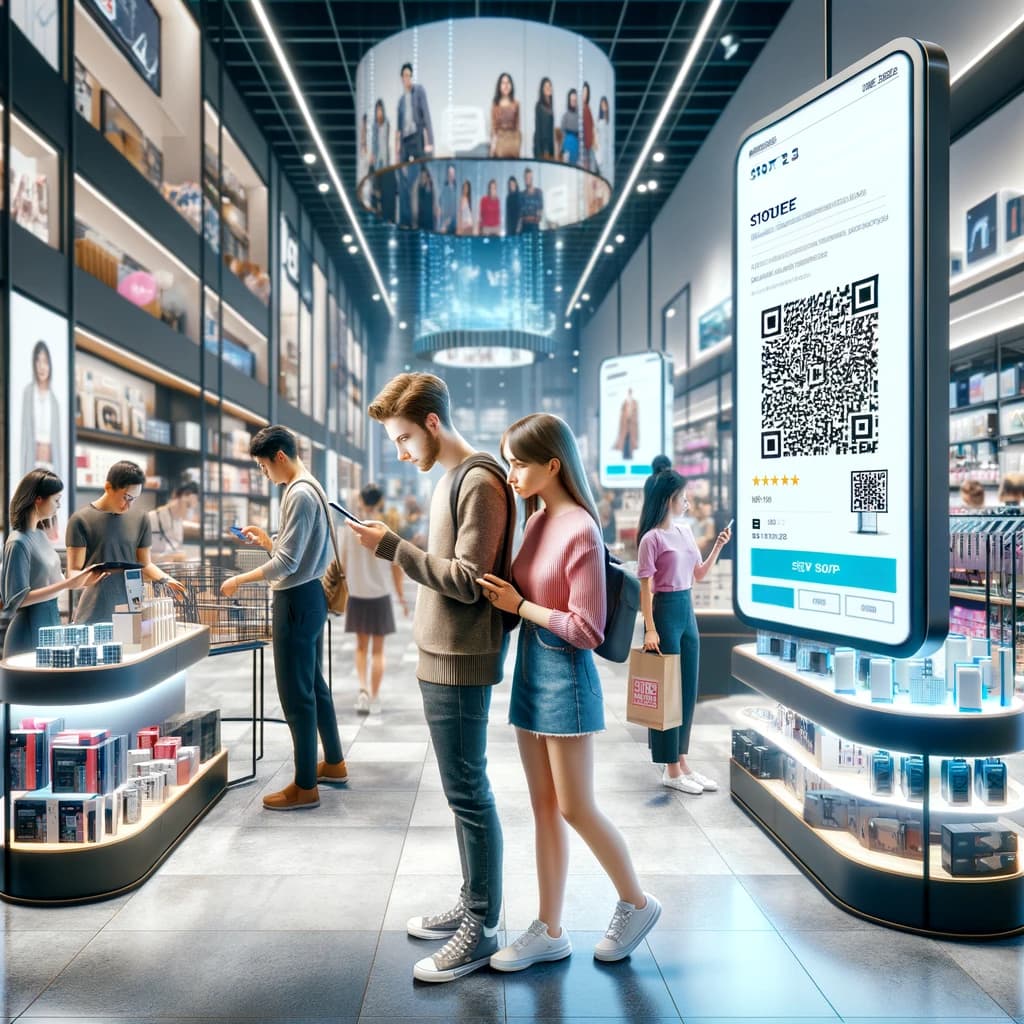 Shoppers engaging with an interactive QR code display in a futuristic retail store, with ambient lighting and digital screens showcasing products and promotions.