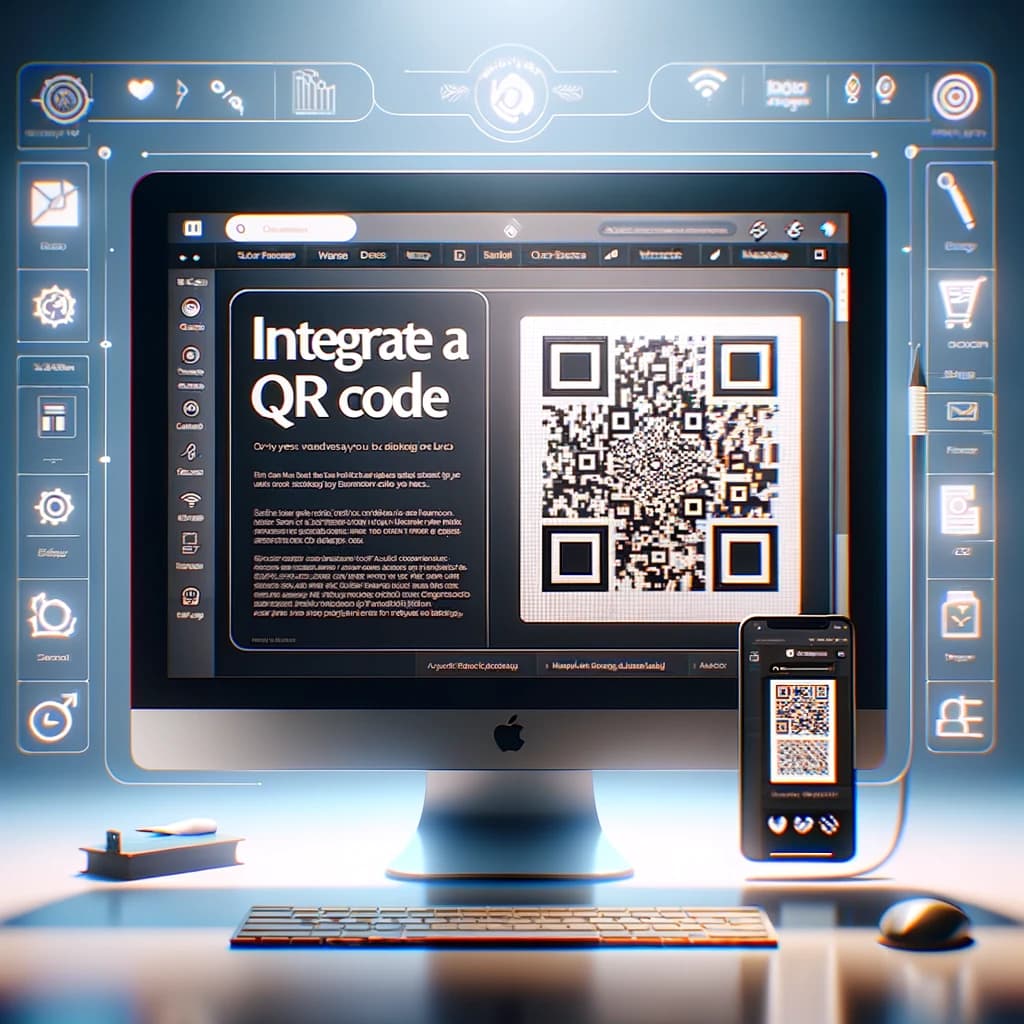 A modern computer screen displaying a blog editor with a tutorial on integrating QR codes, surrounded by digital marketing tools.