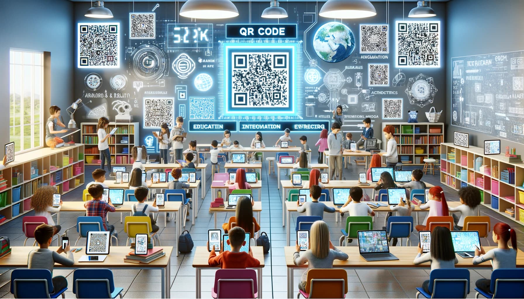 Students in a technology-enhanced classroom with laptops, surrounded by interactive QR code displays on the walls, promoting an engaging educational environment.