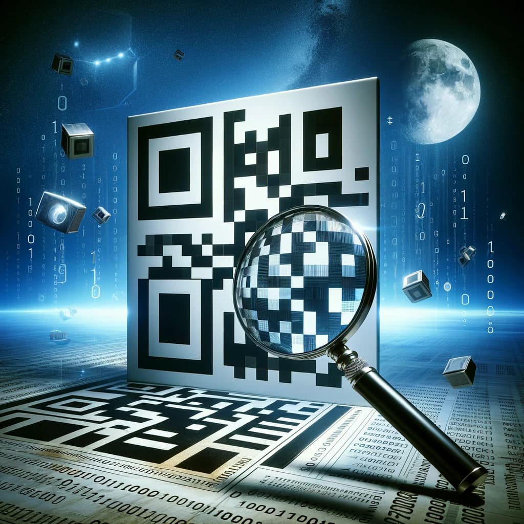 A giant QR code under a magnifying glass, illustrating the exploration of QR code size limits and optimization.