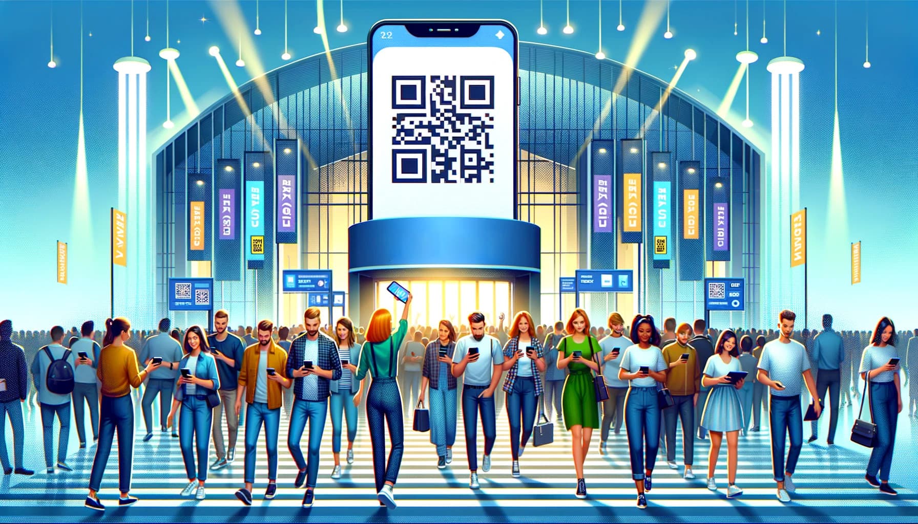 Crowd of event attendees using smartphones to scan a large QR code for entry at a futuristic venue entrance with vibrant lighting and digital banners.