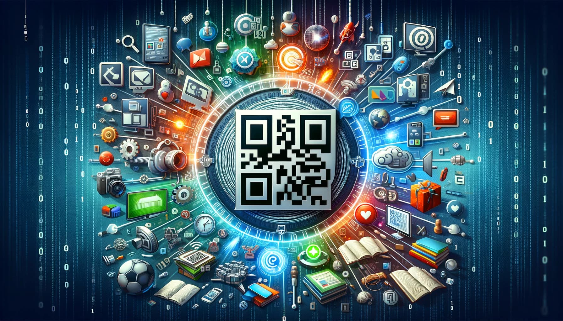 A conceptual image of a QR code surrounded by various digital and media icons, representing the convergence of technology and information in a digital ecosystem.