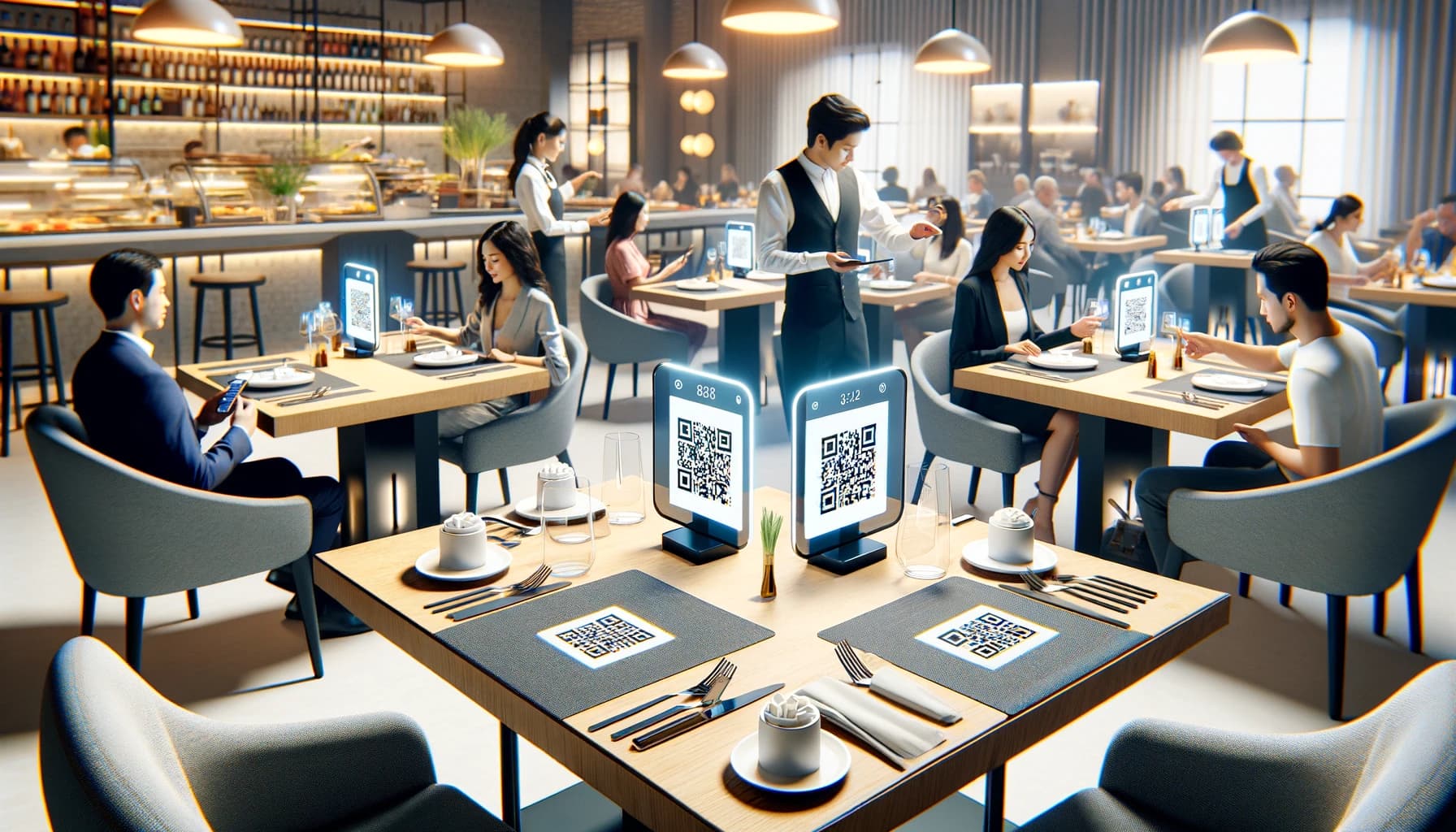 Patrons in a smart restaurant setting using their smartphones to scan QR code menus on digital tabletop stands, with attentive staff and a modern, well-lit ambiance.