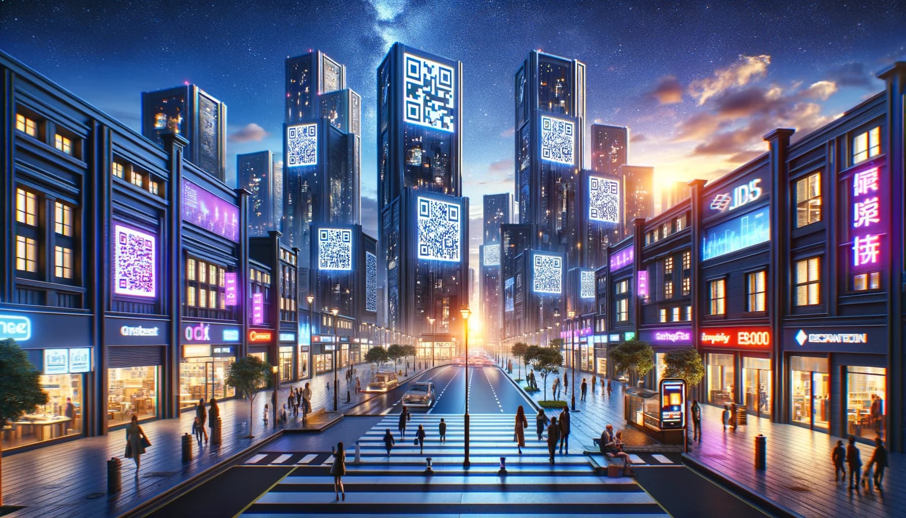 A dazzling futuristic city street at night, illuminated by buildings and billboards adorned with glowing QR codes under a starry sky, depicting a high-tech urban landscape.