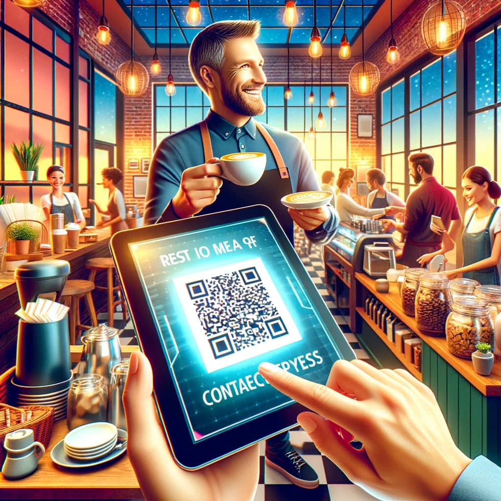A cheerful barista in a bustling cafe presenting a tablet with a QR code for contactless ordering, with customers enjoying the warm, inviting atmosphere.